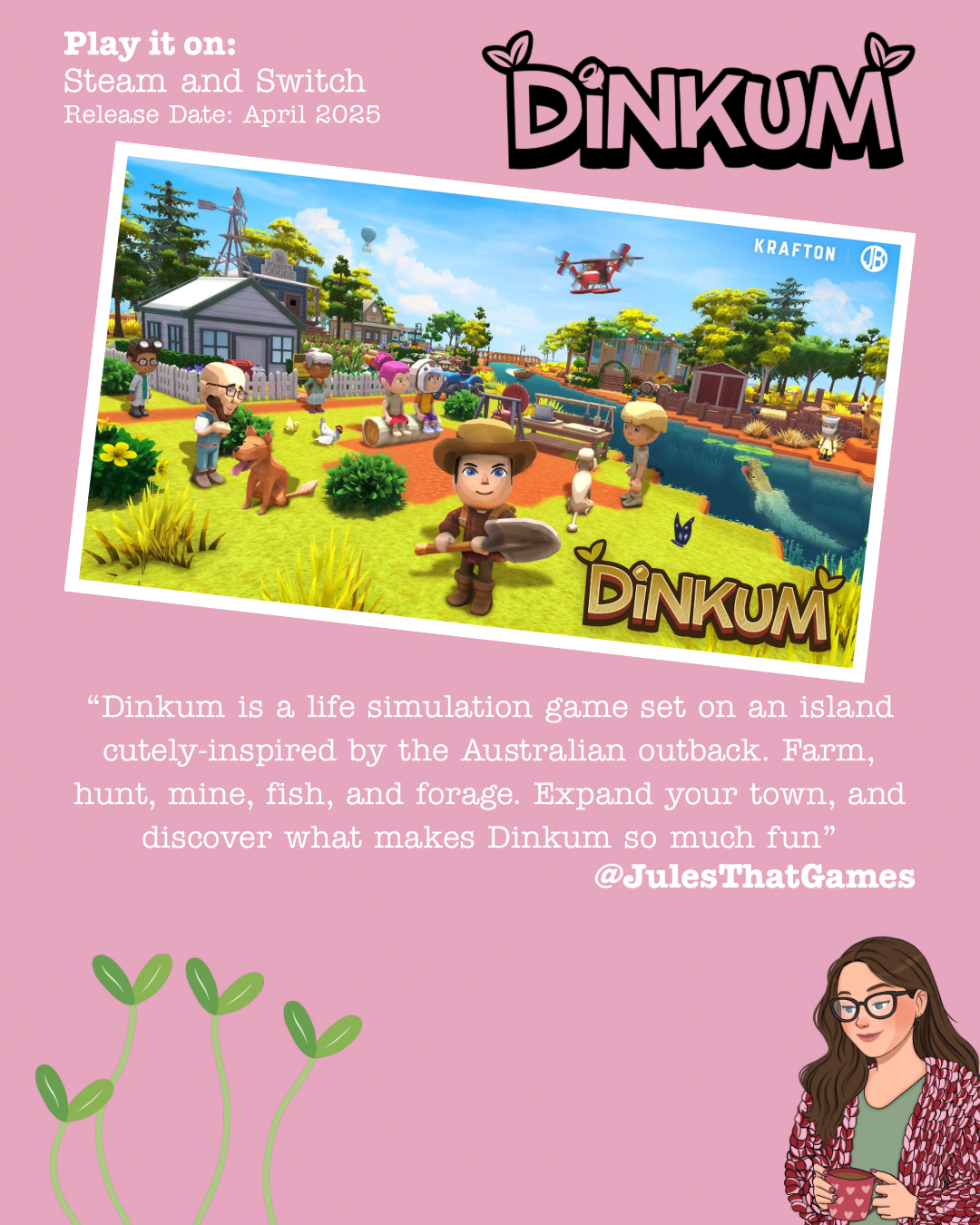 Dinkum Video Game Overview image with logo, game graphic and summary.