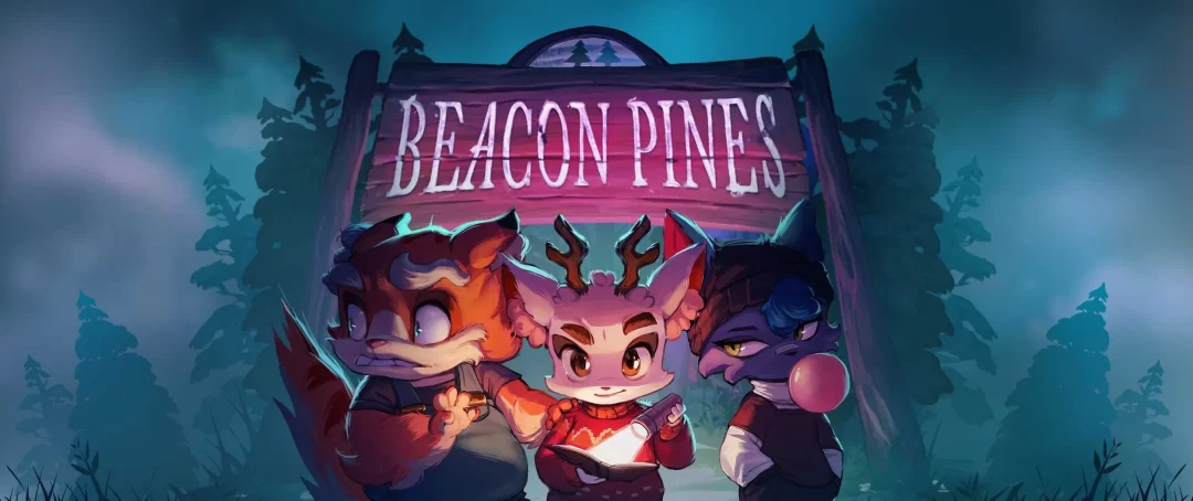 Beacon Pines Logo and three main characters.